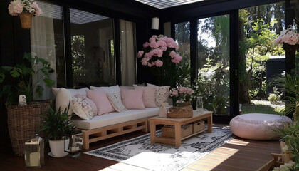 Fototapeta premium Relaxing environment: a deck decorated with contemporary furniture, plants, and art. Perfect for luxury advertising.