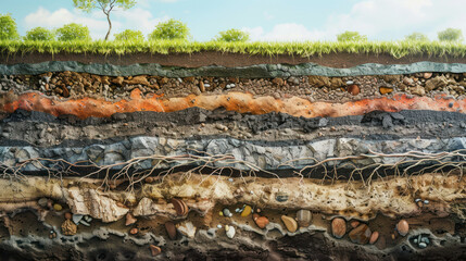 Soil cross section with geological layers and roots

