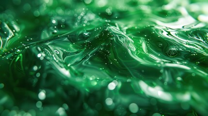 Abstract green liquid surface with swirling patterns and bubbles creating a mesmerizing visual effect