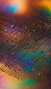 Close up of a microchip with colorful reflections and parallel lines creating an abstract pattern