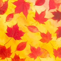 Fototapeta premium Vibrant autumn leaves, vibrant red and scarlet hues, arranged artfully on a warm yellow background, creating a captivating autumnal scene.