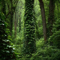 Fototapeta premium Lush green forest scene, ivy-covered tree amidst other trees, creating a captivating natural landscape