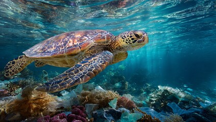 Fototapeta premium A sea turtle navigating through plastic pollution