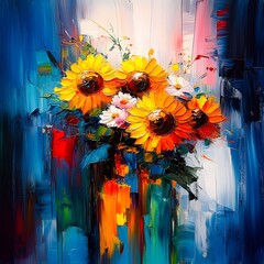 Vibrant Sunflowers and Daisies Impasto Oil Painting