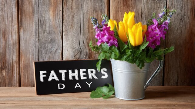 Festive Father's Day message on black board. Vibrant yellow tulips and blooming purple flowers in a metal jug. Rustic wooden surface for a heartfelt holiday appreciation.