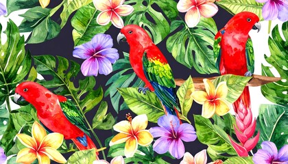 Exotic watercolor paradise with vibrant parrots and lush tropical flora pattern