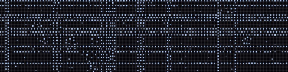 Futuristic digital matrix pattern with blue dots on black background.