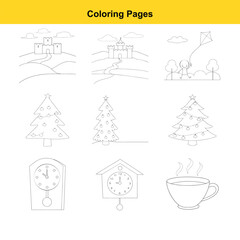 Nine outline illustrations of castles, trees, clocks, and a hot drink for coloring pages drawing