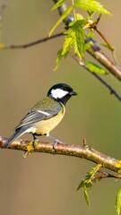 A lovely great tit perches on a branch, showcasing its vibrant plumage against a soft, out-of-focus background of fresh spring foliage.