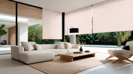 Fototapeta premium Minimalist interior with shutters, panoramic ocean views, and a pool. The clean, modern design creates a serene and luxurious environment, ideal for relaxing and enjoying the scenery.