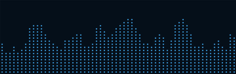 Minimalist digital skyline with blue dotted pattern on dark background.