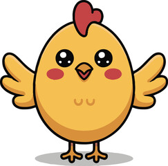 A cartoon chick with yellow feathers and a red comb standing on a white background with a small shadow