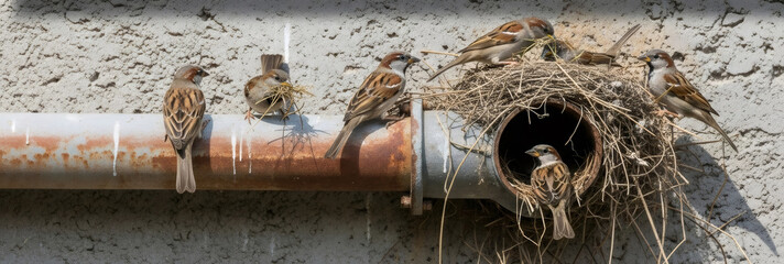 Group of sparrows nesting in a rusty pipe near a concrete wall showing urban wildlife adaptation and survival.