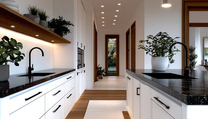 Modern, minimalist kitchen with granite countertops and white cabinets. The clean design and soft lighting create an inviting and elegant space for everyday living.