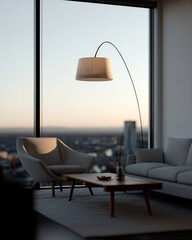 Minimalist and modern living room with floor-to-ceiling windows offering stunning views of the city at sunset. Perfect for relaxing in style.