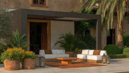Enjoy the understated luxury of an elegant patio. Modern wood furniture and white upholstery frame a serene space, perfect for entertaining or relaxing.