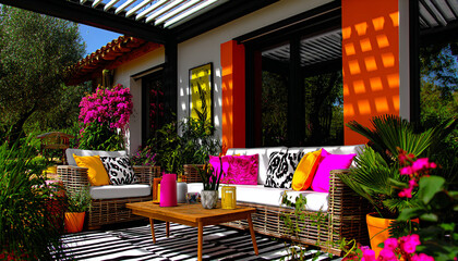 Vibrant retreat: a terrace with bright colors and modern decor, perfect for relaxing. Ideal for interior design, landscaping, garden decor, and lifestyle themes.
