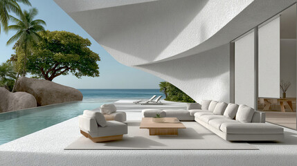 Luxurious architecture and lush landscape merge into a serene beachfront space. Ideal for architectural projects, real estate, travel, and high-end lifestyle.