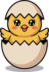 A cartoon chick hatching from an egg with big eyes and a small beak on a white background image