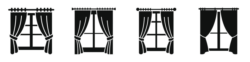 Set of four black window curtain icons with tied-back drapes and curtain rods, classic and modern window treatment silhouettes, home interior decor and design vector illustrations