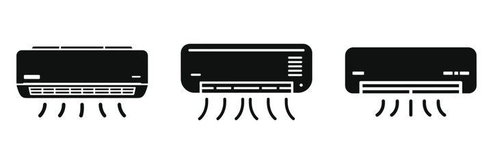 Set of three black air conditioner icons with cooling airflow symbols, modern HVAC system illustrations for home and office climate control, energy-efficient cooling units design