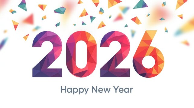 Celebrate vibrant new beginnings with dynamic polygon confetti and bold 2026 year text - Powered by Adobe