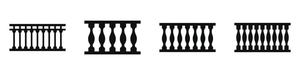Set of four black balustrade icons with different classic and modern railing designs, architectural balcony and staircase railing silhouettes, decorative fence vector illustrations