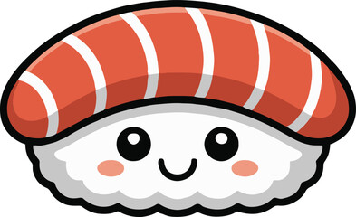 A cartoon sushi with a cute face and salmon on top isolated on a white background illustration