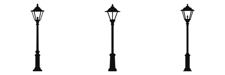 Set of three black vintage street lamp post icons with classic lantern designs, outdoor lighting silhouettes for urban, park, and garden decoration, retro lamp vector illustrations