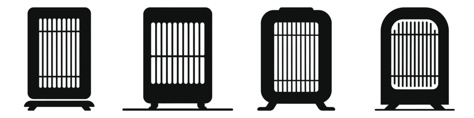 Set of four black electric heater icons with vertical grill designs, portable space heater silhouettes for home and office heating, energy-efficient warming device vector illustrations