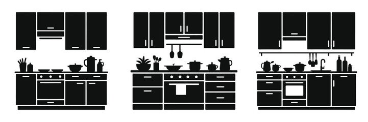 Set of three black kitchen interior silhouettes with cabinets, stove, sink, cookware, utensils, and kitchen appliances, modern home cooking space designs, kitchen furniture and decor vector icons