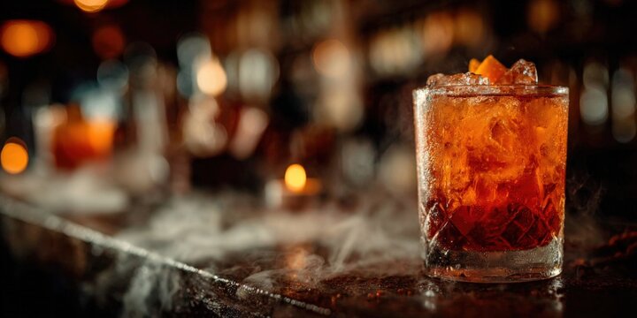 A spooky Halloween Negroni cocktail served in a crystal glass, featuring a rich amber color and garnished with an orange slice, set against a dimly lit bar background. neutral background, clear
