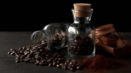 Glass jars with roasted coffee beans rustic organic beverage product concept