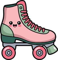 Cartoon illustration of a roller skate with pink boot green accents and a cute smiling face design style