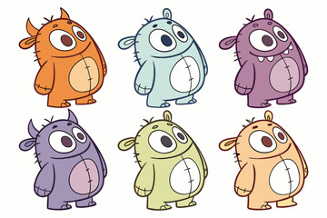 Cute Plush Monster Characters Vector Illustration
