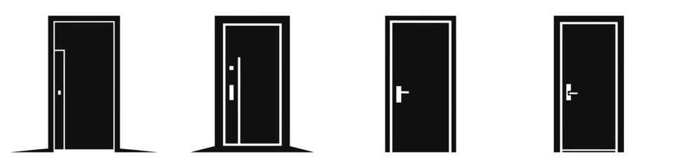 Set of four black door icons with different modern and classic designs, closed entrance door silhouettes with handles and frames, home and office doorway vector illustrations for architecture and secu