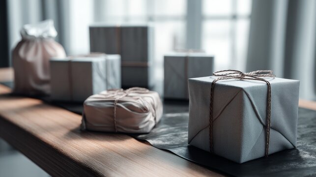 Wrapped gift boxes with string minimal packaging celebration decorative concept