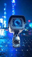 A security camera with a futuristic design overlooks a city at night, showcasing a network connection.