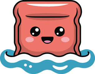Cartoonish red square character with big eyes smiling in blue water on a white background
