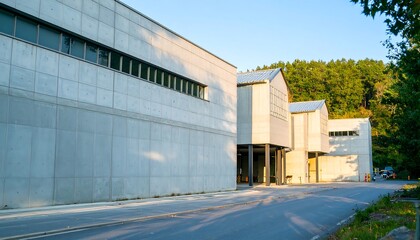 Obraz premium Modern concrete structures stand in a sun-drenched, tranquil setting, showcasing clean lines and a muted color palette.