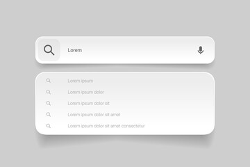 Search Bar with suggestions for UI UX design and web site. Search Address and navigation bar icon. Collection of search form templates for websites. Search engine web browser window template