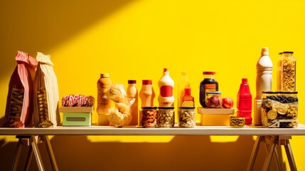 Assorted groceries drinks colorful packaging supermarket lifestyle photography advertising concept