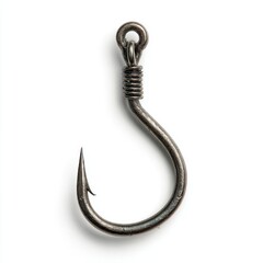 A close-up of a single fish hook with a curved shape and a sharp point