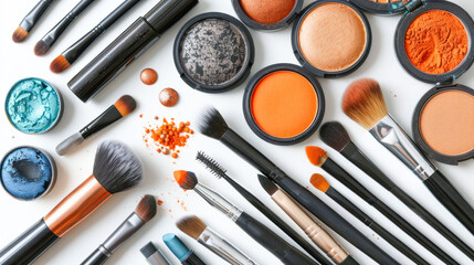 Colorful makeup brushes and cosmetics arranged artistically on a clean white background
