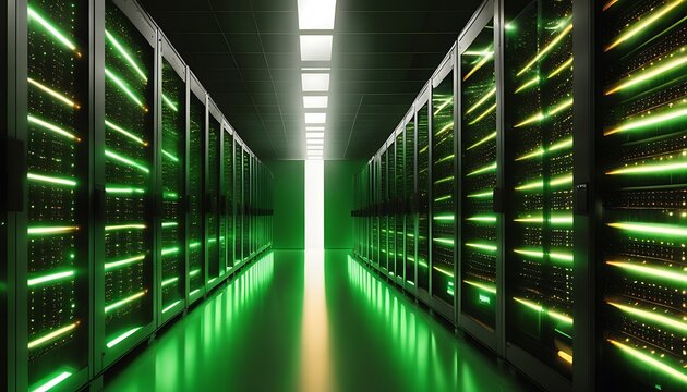 A server room with rows of servers and green lights reflecting on the shiny floor and ceiling lights