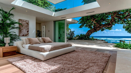 Dream bedroom: an elegant and modern retreat with stunning views of the sea and lush nature. Ideal for architecture, design, and luxury lifestyle projects.