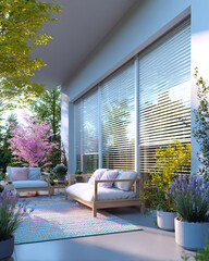 Charming balcony: a flowery and serene retreat, with wooden furniture and lush vegetation. Ideal for outdoor design, landscaping, and decorating projects.
