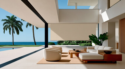 Sophisticated lifestyle: panoramic ocean and pool views from an elegant living room. Perfect for luxury architecture, decor, and real estate projects.