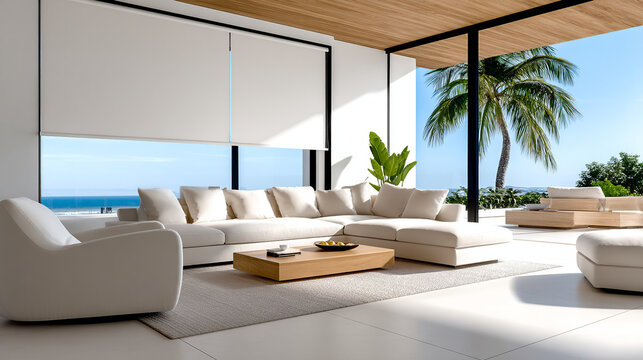 Beachfront comfort: a sophisticated living room with large windows and views of the tropical landscape. Ideal for real estate, interior design, and luxury living.