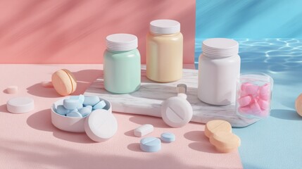Cosmetic jars pills pastel colors lifestyle product photography advertising concept wellness skincare